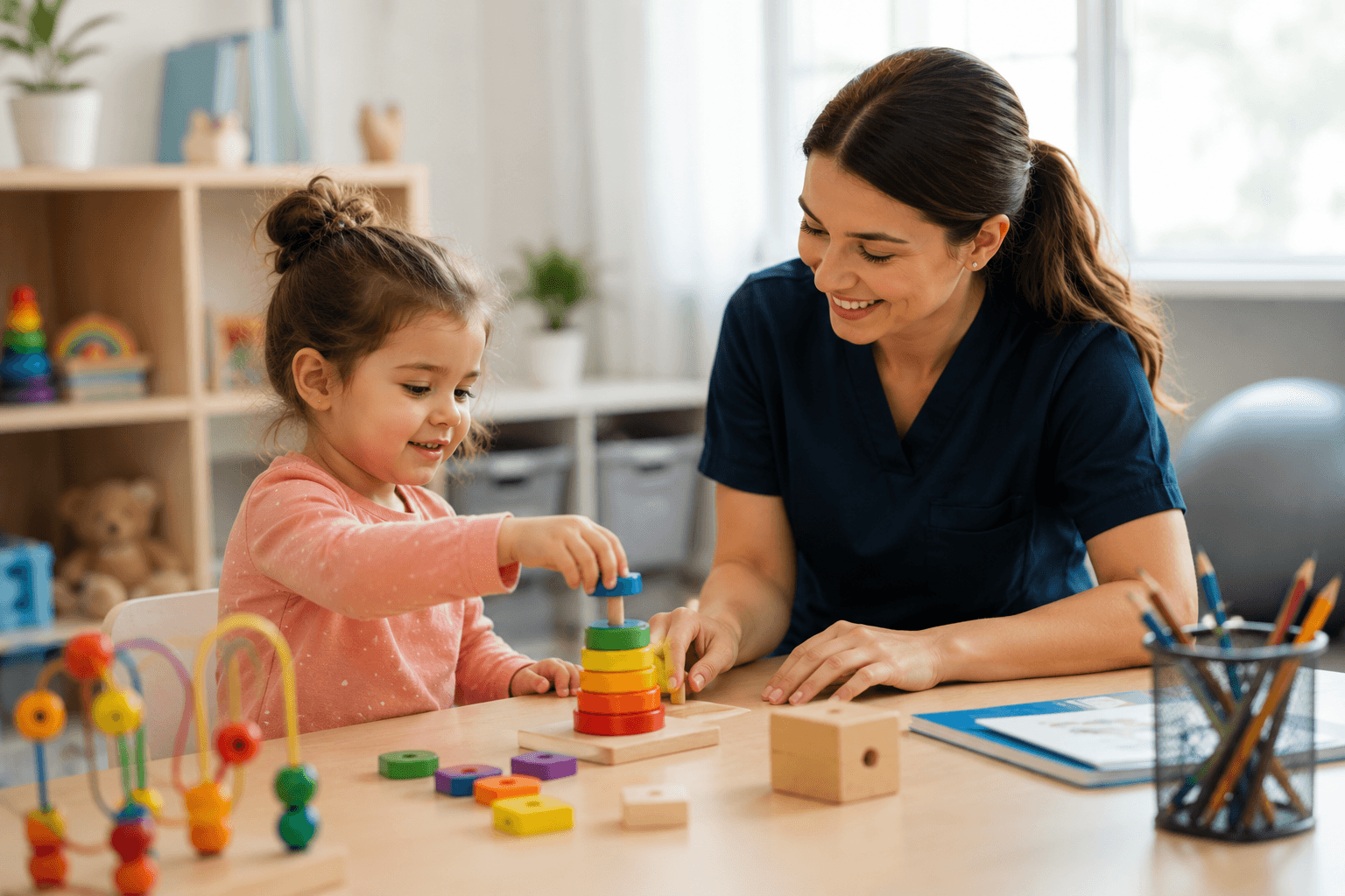 Clinician reviewing behavior assessment notes while observing a child in a supportive therapy setting