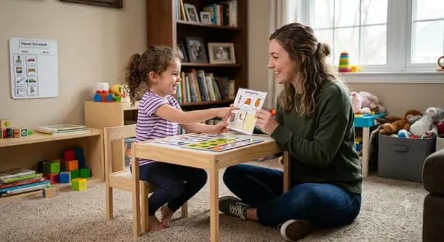 Parent and child practicing daily routines during in-home ABA therapy