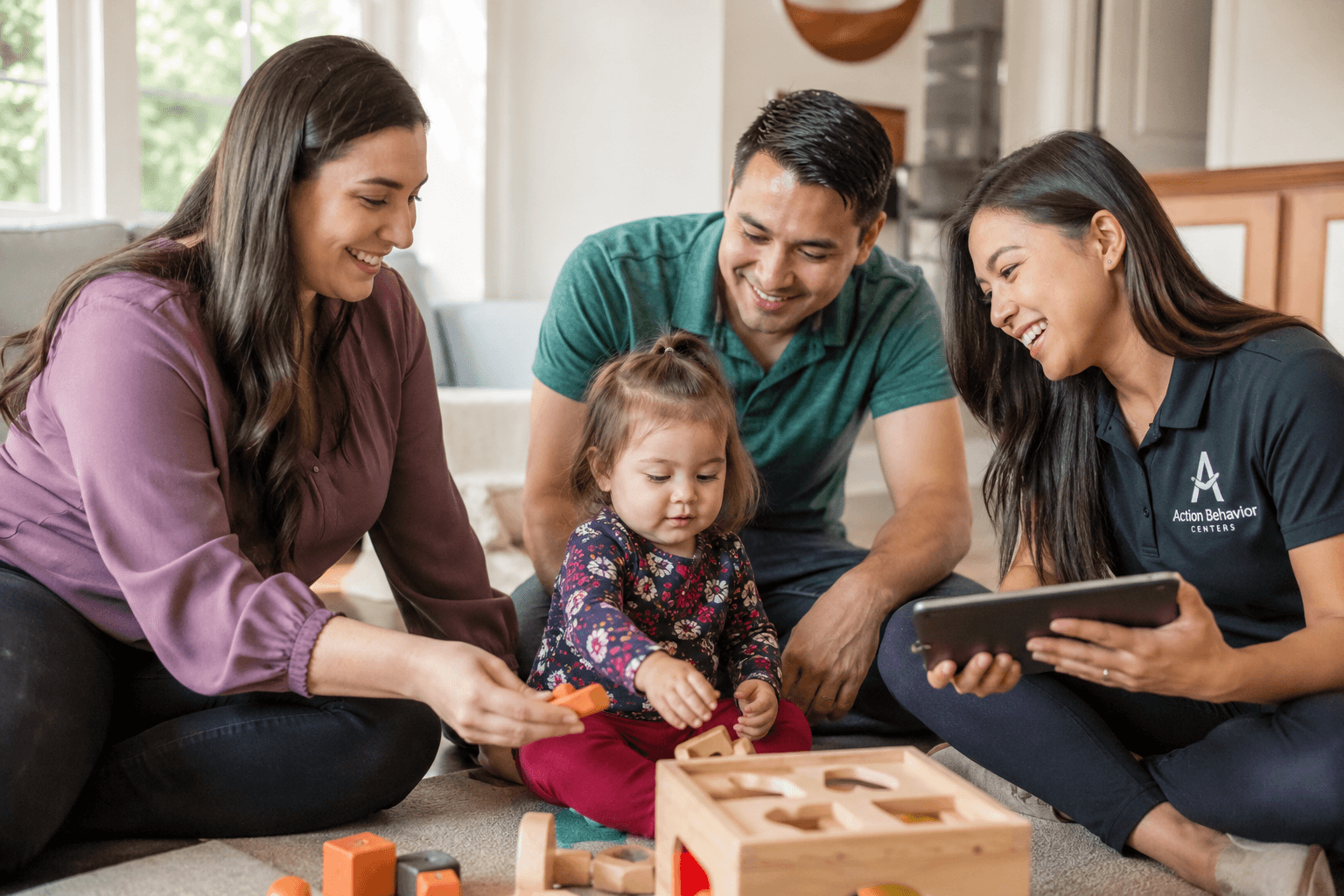 Caregiver and child practicing a skill together during a warm, supportive moment at home